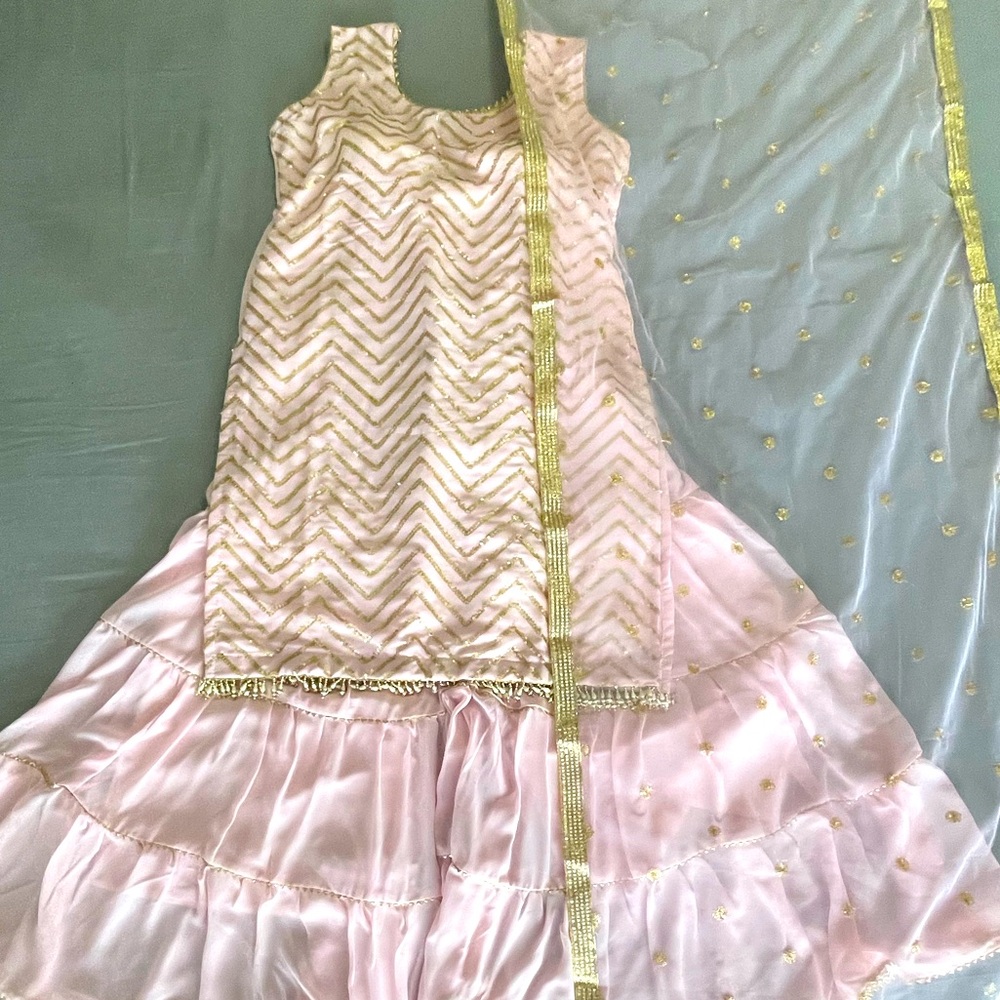 Brand New- Pink and Gold Sequinned Kurti with Sharara and dupata